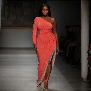 Mac Duggal 76989 Asymmetrical Rhinestone Fringe Cutout Dress Size 18W